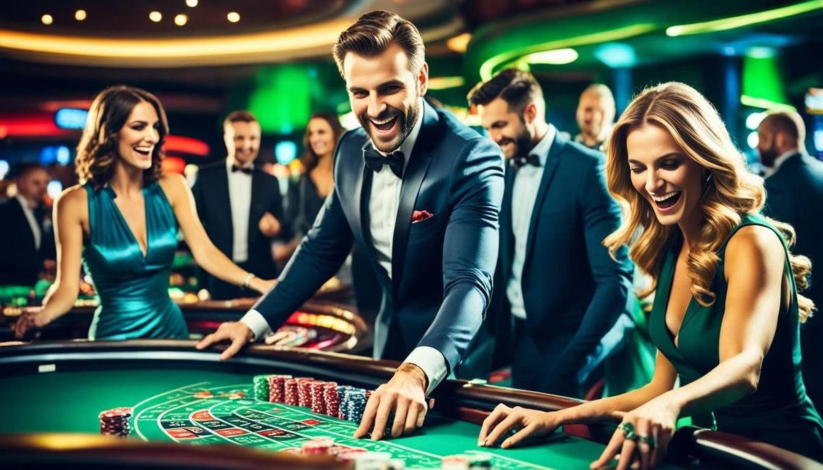 Gambar pengguna menikmati bonus di perangkat ponsel dengan kegembiraan dan latar warna oranye