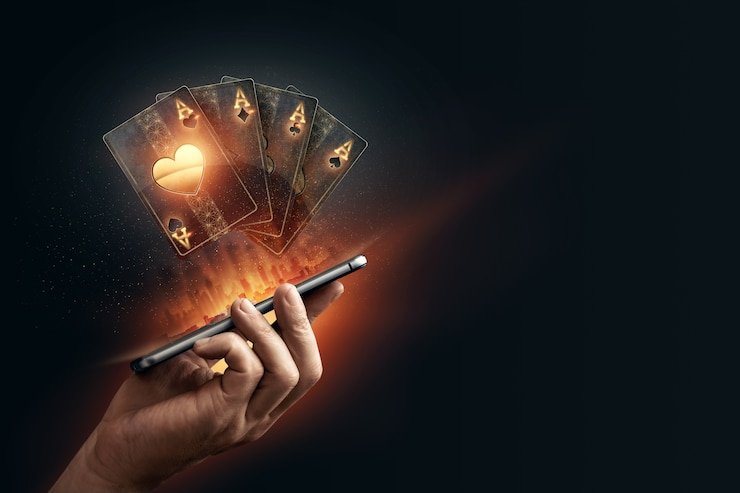 Pengguna memegang smartphone dengan aplikasi hiburan sports dan casino terbuka